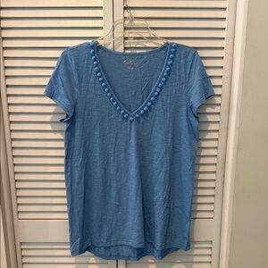 Lilly Pulitzer Light Blue Pom-Pom V-Neck Tee